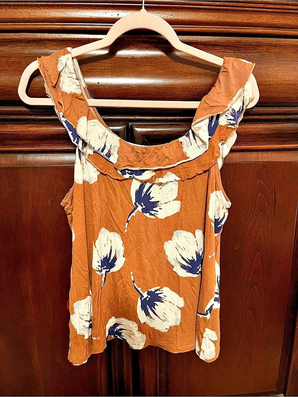 Old Navy Ruffle Floral Camel Purple White Top Size Large L